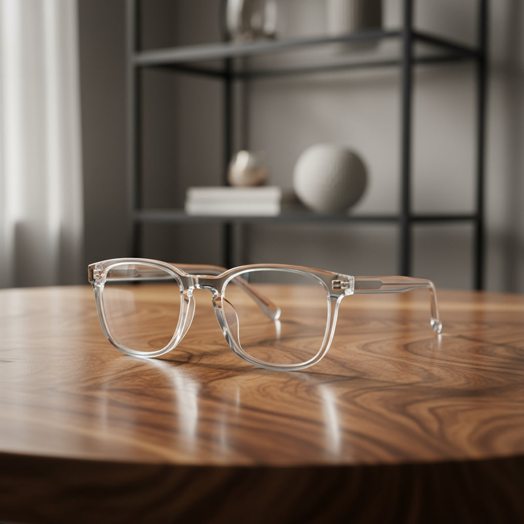 eyeglasses on wood table with shelves background
